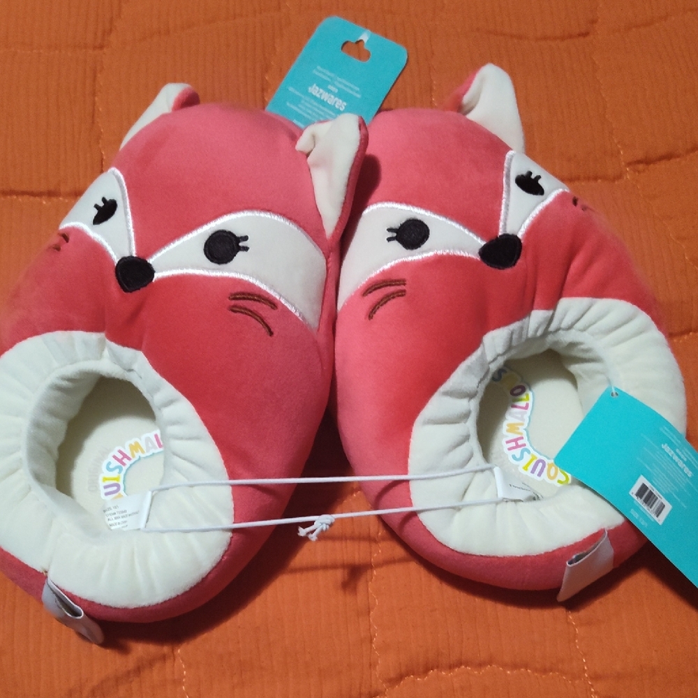 Squishmallows Pink Plush Fox Slippers with Cream Face